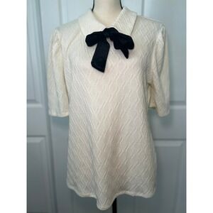 MISA Textured‎ Collared Short Sleeve Cream Top with Black Neck Bow XL Twee